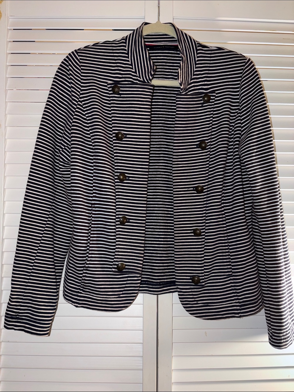 Tommy Hilfiger Navy Blue and White Double Breasted Open Blazer Double Pockets Sm